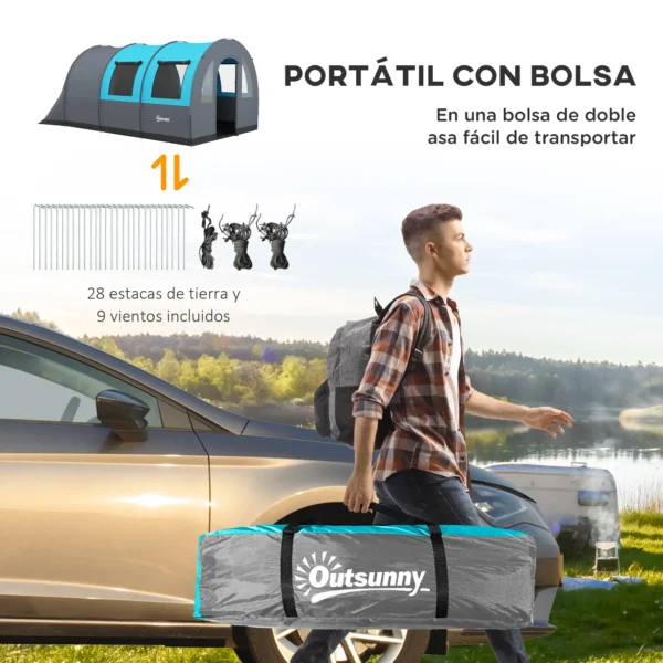 Tienda de Campaña Plegable para 5-6 Personas con 2 Habitaciones y Bolsa de Transporte Impermeable 480x260x200 cm Gris - Imagen 6