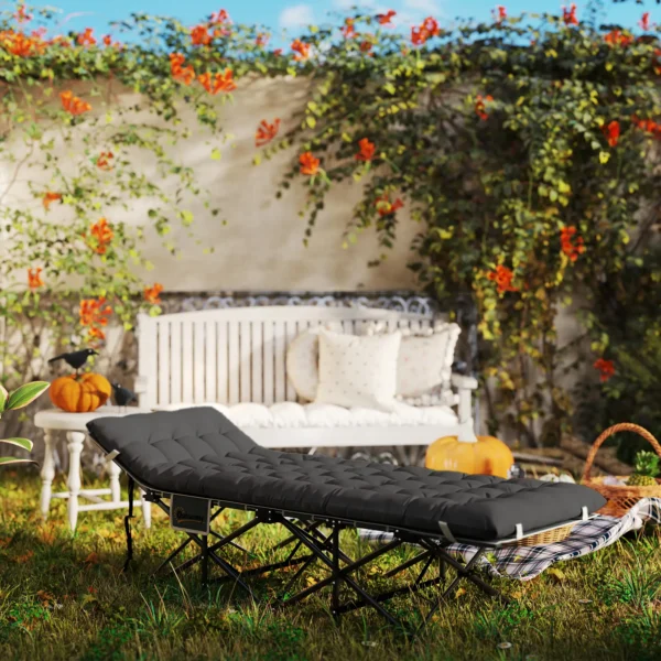 Cama de Camping Plegable con Colchón Extraíble Reposacabezas y Bolsa de Transporte 196x68x37 cm Negro - Imagen 4