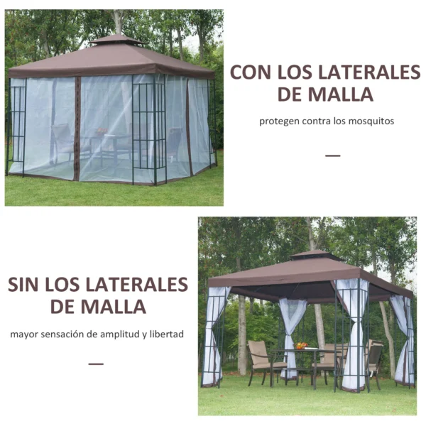 Cenador de Jardín 3x3 m Pabellón para Exterior con Doble Techo de Ventilación 4 Mosquiteras Extraíbles y Marco de Acero Protección Solar Gazebo para Fiestas Eventos Café - Imagen 7