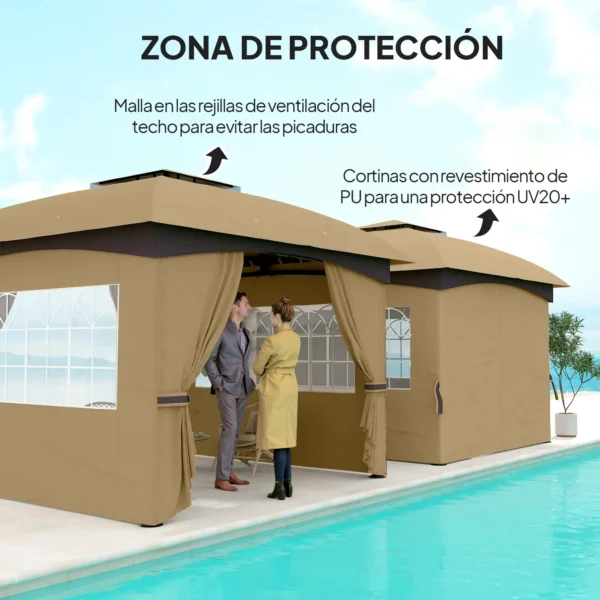 Cenador de Jardín 3,4x3,4 m Gazebo con Protección UV Ventanas de Estilo Iglesia Cortinas y Techo Ventilado Beige - Imagen 8