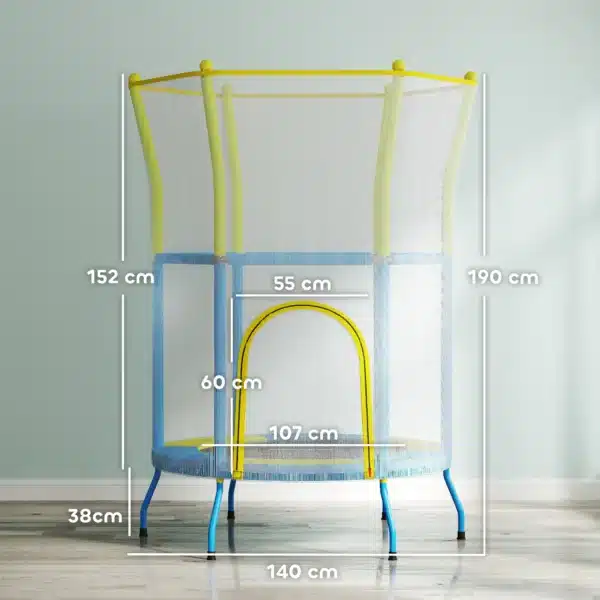 Trampolín Infantil de Interior con Red de Seguridad Cuerdas Elásticas y Barras Acolchadas 3-6 Años Ø140x190cm Azul Claro CAMA ELASTICA - Imagen 10