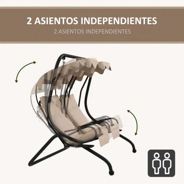 Columpio de Jardín de 2 Plazas con Asientos Individuales Toldos Extraíbles y Bandejas Laterales 170x136x170cm Beige - Imagen 9