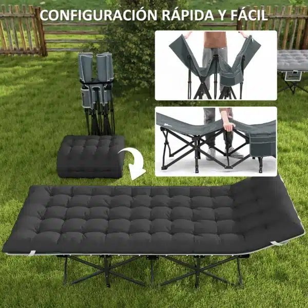 Cama de Camping Plegable con Colchón Extraíble Reposacabezas y Bolsa de Transporte 196x68x37 cm Negro - Imagen 6