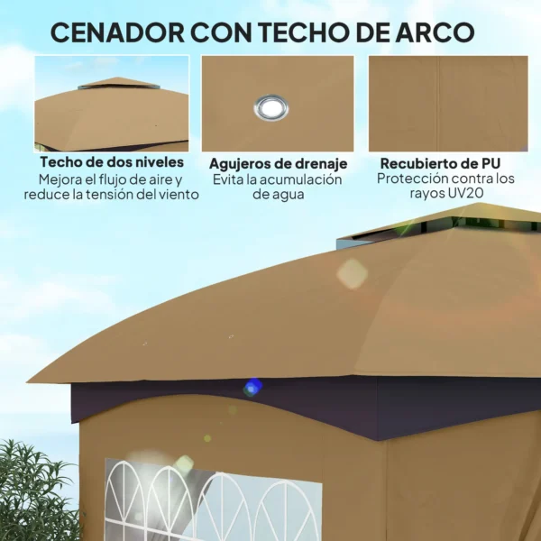 Cenador de Jardín 3,4x3,4 m Gazebo con Protección UV Ventanas de Estilo Iglesia Cortinas y Techo Ventilado Beige - Imagen 9
