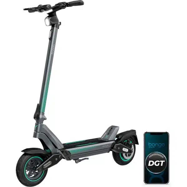 Bongo Y45 Connected Patinete eléctrico con potencia máxima de 750 W y doble suspensión que permite superar pendientes y desplazarse por cualquier superficie. Con autonomía de hasta 45 km. Cumple con todos los requisitos de la nueva normativa española de circulación. Connexión con App movil.