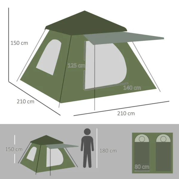Tienda de Camping Pop-up para 2-3 Personas Impermeable 2000 mm con Bolsa de Trasporte 210x210x150 cm Verde/PLATA - Imagen 9