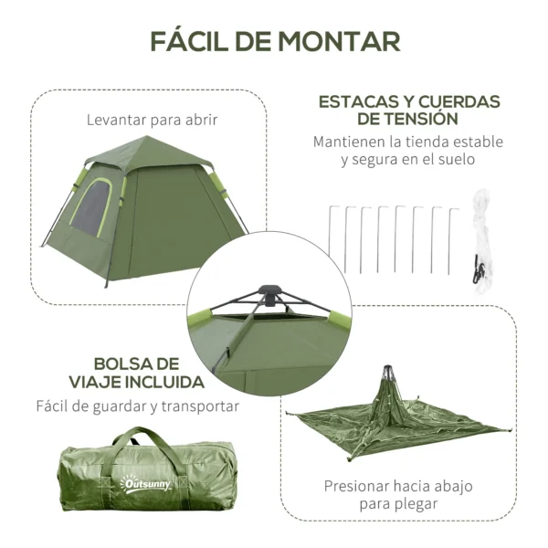 Tienda de Camping Pop-up para 2-3 Personas Impermeable 2000 mm con Bolsa de Trasporte 210x210x150 cm Verde/PLATA - Imagen 8