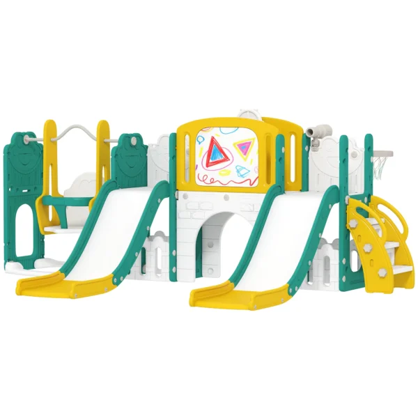 Conjunto de 9 en 1 de toboganes y columpios para niños pequeños, con aro de baloncesto, telescopio, pizarra, diseño de rana, Amarillo+Verde - Imagen 3