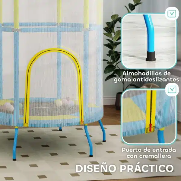 Trampolín Infantil de Interior con Red de Seguridad Cuerdas Elásticas y Barras Acolchadas 3-6 Años Ø140x190cm Azul Claro CAMA ELASTICA - Imagen 7