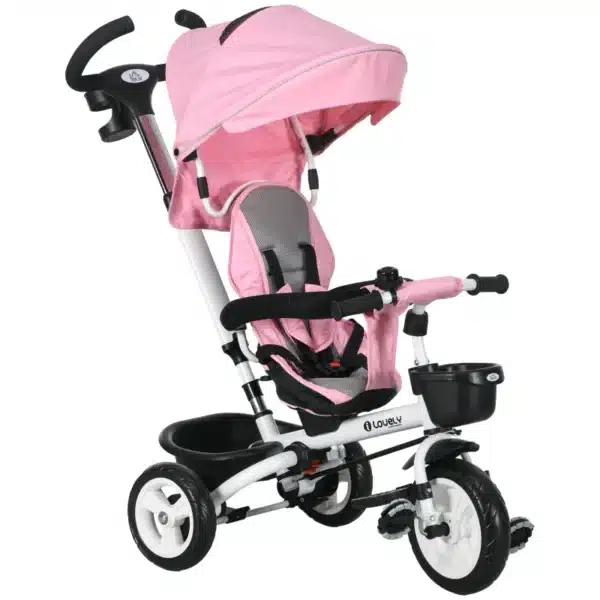 Triciclo Infantil 6 en 1 con Mango de Empuje, Toldo, Cinturón, Cesta, 18+ Meses, Rosa