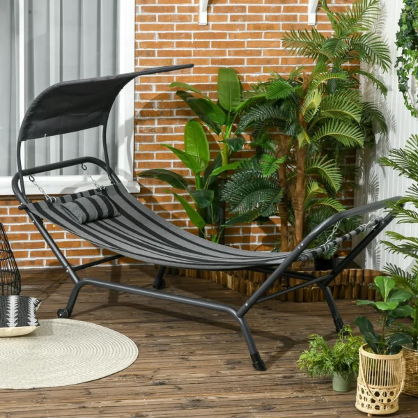 Tumbona cama hamaca de acero y poliéster con toldo, cojín y ruedas 240x92x148 cm Enviado por MH France - Imagen 7