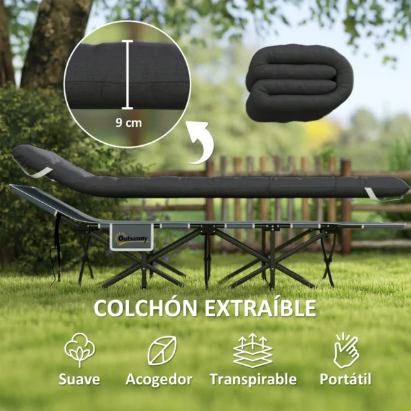 Cama de Camping Plegable con Colchón Extraíble Reposacabezas y Bolsa de Transporte 196x68x37 cm Negro - Imagen 9