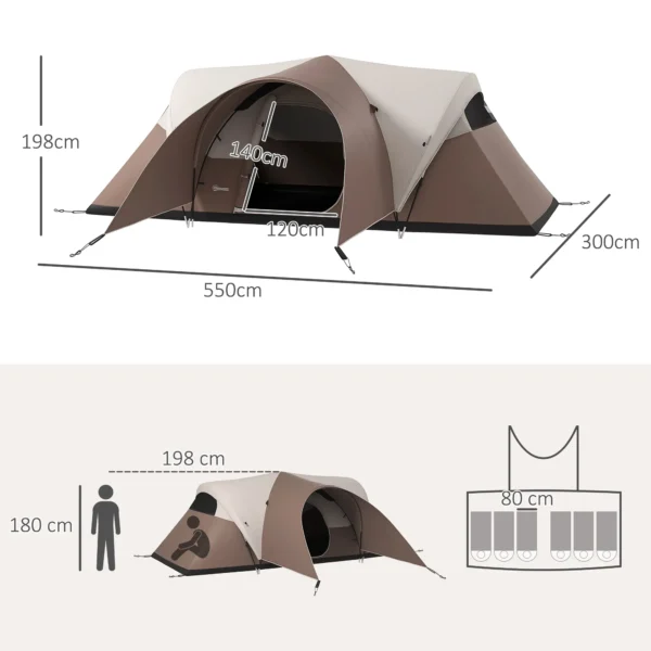 Tienda de campaña familiar 5-6 personas impermeable ligera ventilada con saco de transporte, 550x300x198 cm azul/marron/naranja - Imagen 8