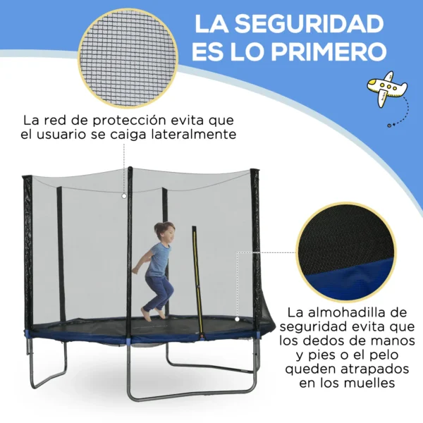 Trampolín para Niños Adultos Ø305x250 cm con Red de Seguridad Escalera Cubierta de Bordes y Marco de Acero Azul CAMA ELASTICA - Imagen 8