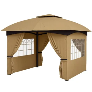 Cenador de Jardín 3,4x3,4 m Gazebo con Protección UV Ventanas de Estilo Iglesia Cortinas y Techo Ventilado Beige