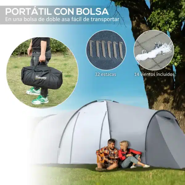 Tienda de Campaña Familiar para 4-6 Personas con 2 Ventanas y Bolsa de Transporte Impermeable Anti-UV 590x245x193cm Gris - Imagen 6