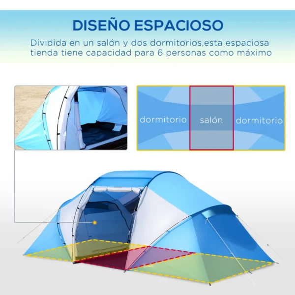 Tienda de Campaña Familiar para 4-6 Personas con 2 Habitaciones y Bolsa de Transporte 430x230x170 cm Azul y Blanco/VERDE - Imagen 9