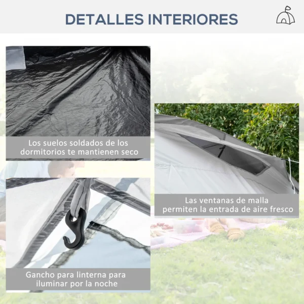 Tienda de Campaña Familiar para 4-6 Personas con 2 Ventanas y Bolsa de Transporte Impermeable Anti-UV 590x245x193cm Gris - Imagen 7