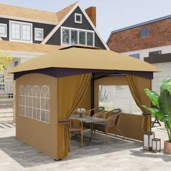 Cenador de Jardín 3,4x3,4 m Gazebo con Protección UV Ventanas de Estilo Iglesia Cortinas y Techo Ventilado Beige - Imagen 5