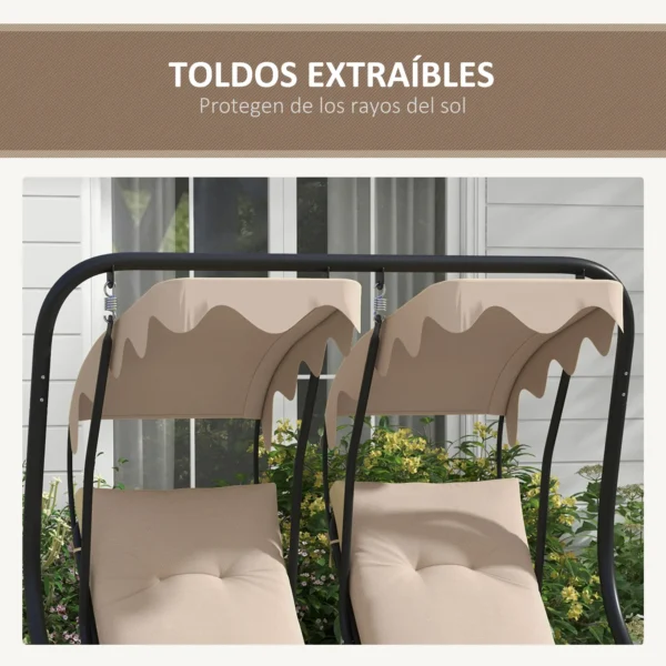 Columpio de Jardín de 2 Plazas con Asientos Individuales Toldos Extraíbles y Bandejas Laterales 170x136x170cm Beige - Imagen 6