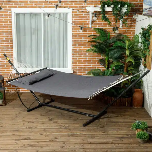 Hamaca de Jardín Portátil con Cojín Integrado en Algodón Poliéster y Acero 368x93x110 cm Gris Oscuro - Imagen 6