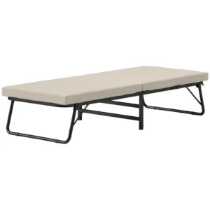 Cama Plegatín Plegable 70x180 cm con Colchón de Espuma Respaldo Ajustable en 5 Posiciones y Ruedas Carga 120 kg Crema