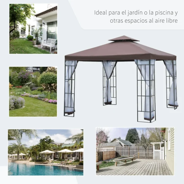 Cenador de Jardín 3x3 m Pabellón para Exterior con Doble Techo de Ventilación 4 Mosquiteras Extraíbles y Marco de Acero Protección Solar Gazebo para Fiestas Eventos Café - Imagen 6