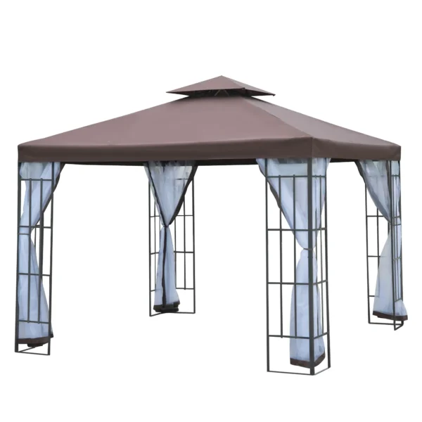 Cenador de Jardín 3x3 m Pabellón para Exterior con Doble Techo de Ventilación 4 Mosquiteras Extraíbles y Marco de Acero Protección Solar Gazebo para Fiestas Eventos Café - Imagen 2
