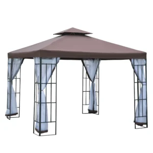 Cenador de Jardín 3x3 m Pabellón para Exterior con Doble Techo de Ventilación 4 Mosquiteras Extraíbles y Marco de Acero Protección Solar Gazebo para Fiestas Eventos Café