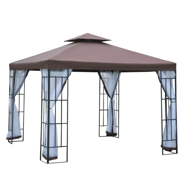 Cenador de Jardín 3x3 m Pabellón para Exterior con Doble Techo de Ventilación 4 Mosquiteras Extraíbles y Marco de Acero Protección Solar Gazebo para Fiestas Eventos Café