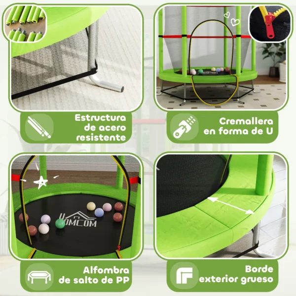 Cama Elástica Infantil Trampolín para Niños de 3-6 Años con Red de Seguridad Carga 45 kg Ø140x190 cm VERDE - Imagen 9