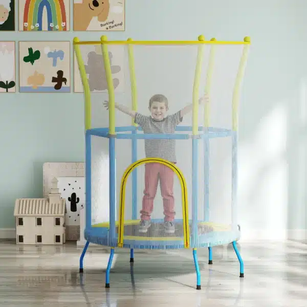 Trampolín Infantil de Interior con Red de Seguridad Cuerdas Elásticas y Barras Acolchadas 3-6 Años Ø140x190cm Azul Claro CAMA ELASTICA - Imagen 11