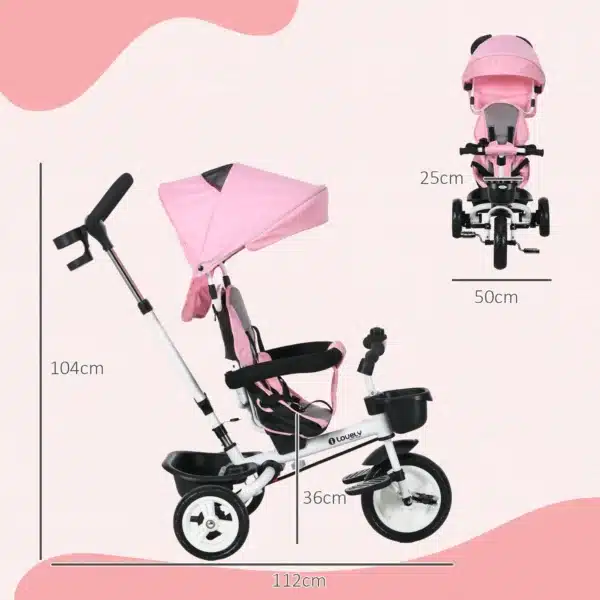 Triciclo Infantil 6 en 1 con Mango de Empuje, Toldo, Cinturón, Cesta, 18+ Meses, Rosa - Imagen 6