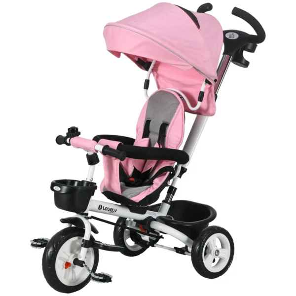 Triciclo Infantil 6 en 1 con Mango de Empuje, Toldo, Cinturón, Cesta, 18+ Meses, Rosa - Imagen 2