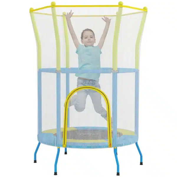 Trampolín Infantil de Interior con Red de Seguridad Cuerdas Elásticas y Barras Acolchadas 3-6 Años Ø140x190cm Azul Claro CAMA ELASTICA - Imagen 3