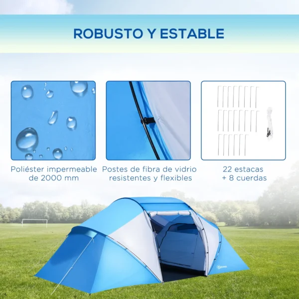 Tienda de Campaña Familiar para 4-6 Personas con 2 Habitaciones y Bolsa de Transporte 430x230x170 cm Azul y Blanco/VERDE - Imagen 8