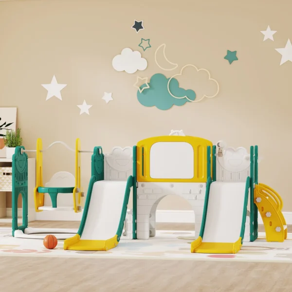 Conjunto de 9 en 1 de toboganes y columpios para niños pequeños, con aro de baloncesto, telescopio, pizarra, diseño de rana, Amarillo+Verde - Imagen 7