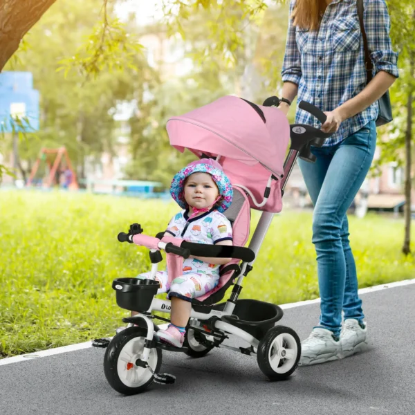 Triciclo Infantil 6 en 1 con Mango de Empuje, Toldo, Cinturón, Cesta, 18+ Meses, Rosa - Imagen 7
