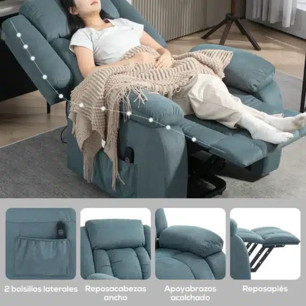 Sillón Relax Reclinable Eléctrico Levanta Personas con Mando a Distancia y Bolsillos Laterales Sillón Elevador Azul - Imagen 6