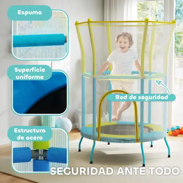 Trampolín Infantil de Interior con Red de Seguridad Cuerdas Elásticas y Barras Acolchadas 3-6 Años Ø140x190cm Azul Claro CAMA ELASTICA - Imagen 9