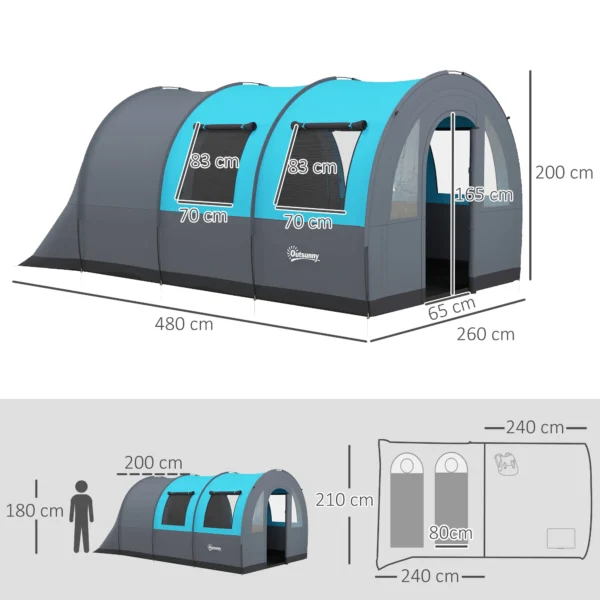 Tienda de Campaña Plegable para 5-6 Personas con 2 Habitaciones y Bolsa de Transporte Impermeable 480x260x200 cm Gris - Imagen 10