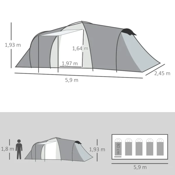 Tienda de Campaña Familiar para 4-6 Personas con 2 Ventanas y Bolsa de Transporte Impermeable Anti-UV 590x245x193cm Gris - Imagen 10