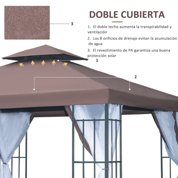 Cenador de Jardín 3x3 m Pabellón para Exterior con Doble Techo de Ventilación 4 Mosquiteras Extraíbles y Marco de Acero Protección Solar Gazebo para Fiestas Eventos Café - Imagen 9