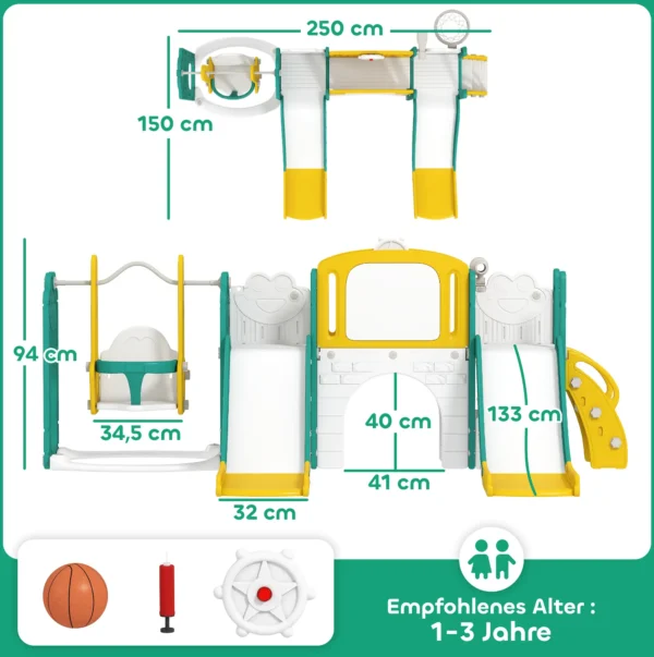 Conjunto de 9 en 1 de toboganes y columpios para niños pequeños, con aro de baloncesto, telescopio, pizarra, diseño de rana, Amarillo+Verde - Imagen 6