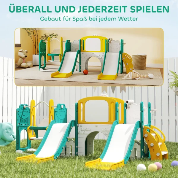 Conjunto de 9 en 1 de toboganes y columpios para niños pequeños, con aro de baloncesto, telescopio, pizarra, diseño de rana, Amarillo+Verde - Imagen 4
