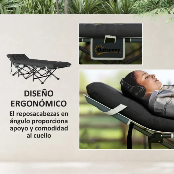Cama de Camping Plegable con Colchón Extraíble Reposacabezas y Bolsa de Transporte 196x68x37 cm Negro - Imagen 8