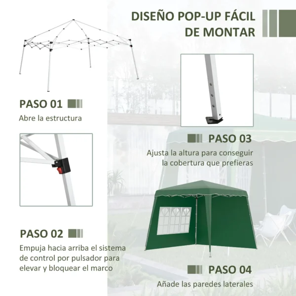 Carpa Plegable con 2 Paredes Laterales 2,89x2,89m Cenador Pabellón de Jardín con Altura Ajustable Protección UV50+ Verde/azul/blanco - Imagen 10