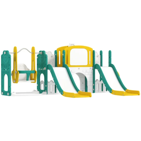 Conjunto de 9 en 1 de toboganes y columpios para niños pequeños, con aro de baloncesto, telescopio, pizarra, diseño de rana, Amarillo+Verde - Imagen 2