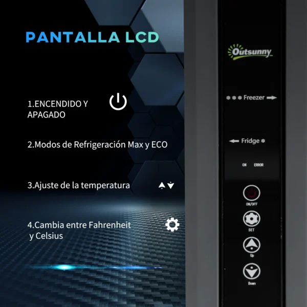 Nevera de Coche 45L 12V/24V hasta -22℃ con Compartimento Congelador Pantalla LED Táctil Ruedas 63,2x42x50,8cm Negro - Imagen 7