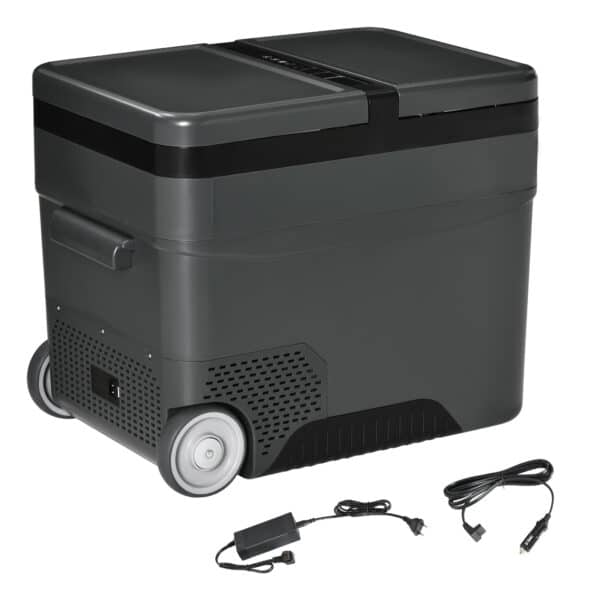 Nevera de Coche 45L 12V/24V hasta -22℃ con Compartimento Congelador Pantalla LED Táctil Ruedas 63,2x42x50,8cm Negro